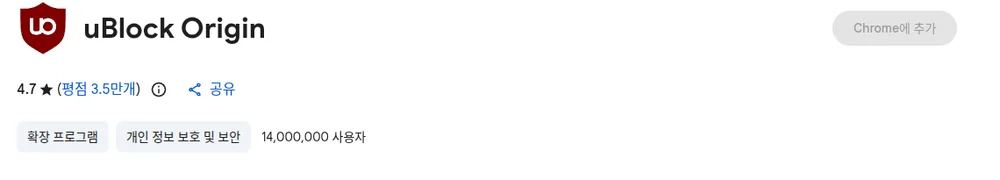 크롬 웹스토어의 uBlock Origin 페이지, 별점 4.7과 사용자 1400만 명